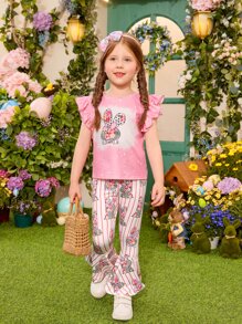 SHEIN Toddler Girls Cartoon Graphic Ruffle Trim Tee & Flare Leg Trousers - Multicolor - View 6