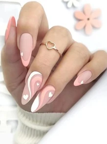 Instantly Upgrade Your Look with 24pcs Long Almond Pink Love Frosted French Heart Print Fake Nail & 1sheet Tape & 1pc Nail File - Multicolor - View 1