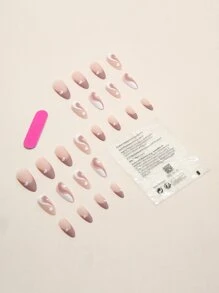 Instantly Upgrade Your Look with 24pcs Long Almond Pink Love Frosted French Heart Print Fake Nail & 1sheet Tape & 1pc Nail File - Multicolor - View 2