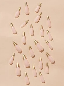 Transform Your Nails with 24pcs Long Stiletto Gold Mirror Effect French Style Fake Nail & 1pc Nail File & 1sheet Nail Tape - Multicolor - View 2