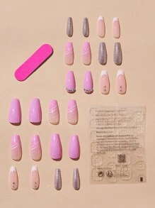 Bộ 24 móng tay giả dài hình quan tài kiểu Pháp kèm giũa móng và miếng gel thạch, dụng cụ bấm móng, dụng cụ làm móng - Nhiều màu - Xem 2