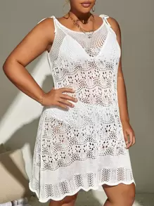 SHEIN Swim Curve Summer Beach Plus Hollow Out Tie Shoulder Cover Up Dress Without Bikini - White - View 5
