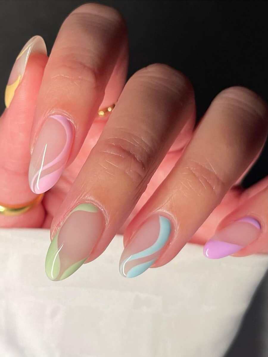 Transform Your Nails with 24pcs Long Almond Iridescent Color Block Striped Fake Nail & 1sheet Tape & 1pc Nail File - Multicolor - View 1