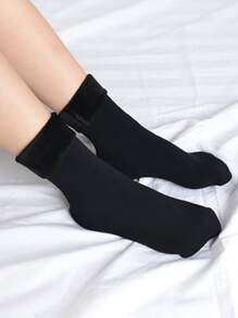 毛絨襯裡黑色素色中筒襪 - 黑色 - 查看 2