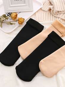 毛絨襯裡黑色素色中筒襪 - 黑色 - 查看 3