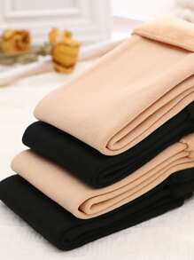 毛絨襯裡黑色素色中筒襪 - 黑色 - 查看 4