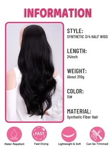 24Inch Synthetic Wavy 3/4 Half Wig Long Hair Extensions Ombre Blonde Capless Wigs Hair Clips Extension For Women 210g - Black - View 4