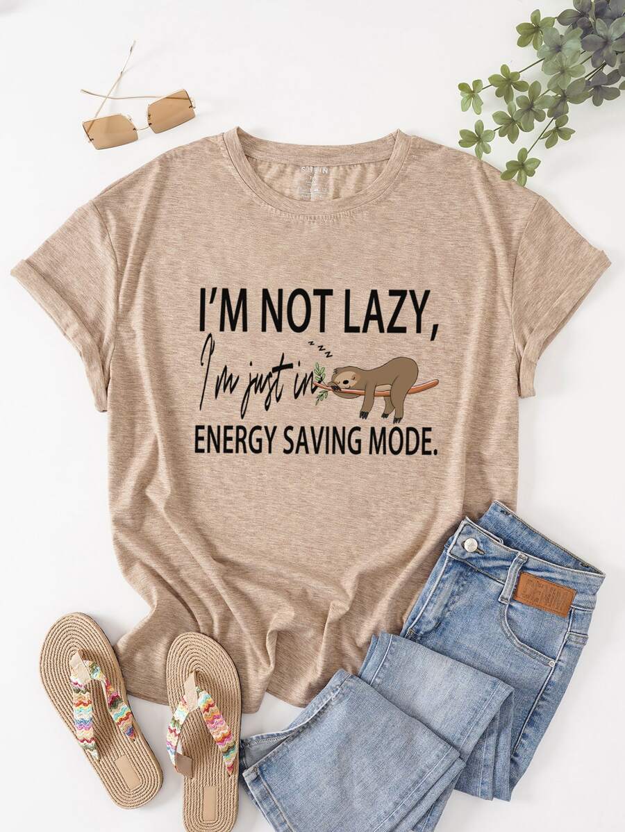 SHEIN LUNE Áo thun Plus size Thú vật Slogan Giải trí - Màu be - Xem 1