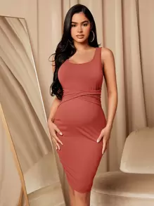 SHEIN Maternity Crisscross Ruched Waist Tank Dress - Rusty Rose - View 1