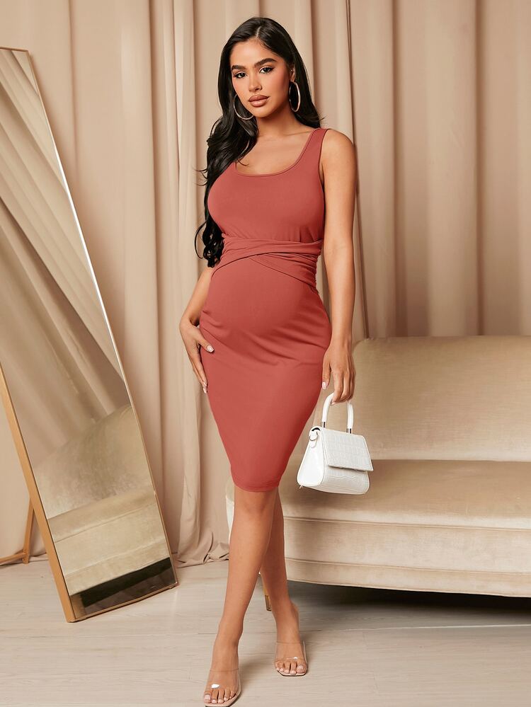 SHEIN Maternidad Vestido tank con tira cruzada de cintura con fruncido - Rosa Oxidada - Añade 3