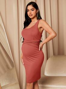 SHEIN Maternity Crisscross Ruched Waist Tank Dress - Rusty Rose - View 4