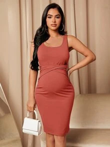SHEIN Maternity Crisscross Ruched Waist Tank Dress - Rusty Rose - View 5