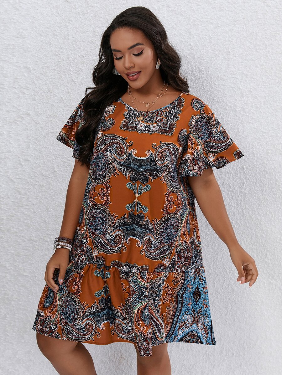 SHEIN LUNE Vestido smock con estampado de paisley bajo con fruncido - Multicolor - Ver 1