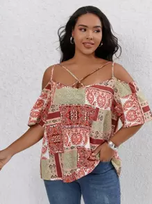 SHEIN LUNE 大碼撞色拼接圖案挖肩前交叉襯衫 - 彩色 - 查看 1