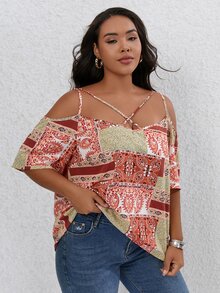 SHEIN LUNE 大碼撞色拼接圖案挖肩前交叉襯衫 - 彩色 - 查看 3