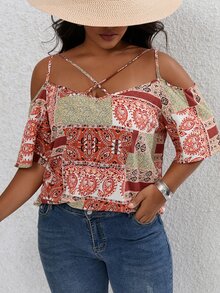SHEIN LUNE 大碼撞色拼接圖案挖肩前交叉襯衫 - 彩色 - 查看 5
