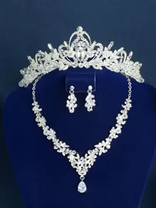 Royal Rhinestone Decor Bridal Headband & 3pcs Jewelry Set Tiaras Valentine's Day Accessories - Silver - View 1
