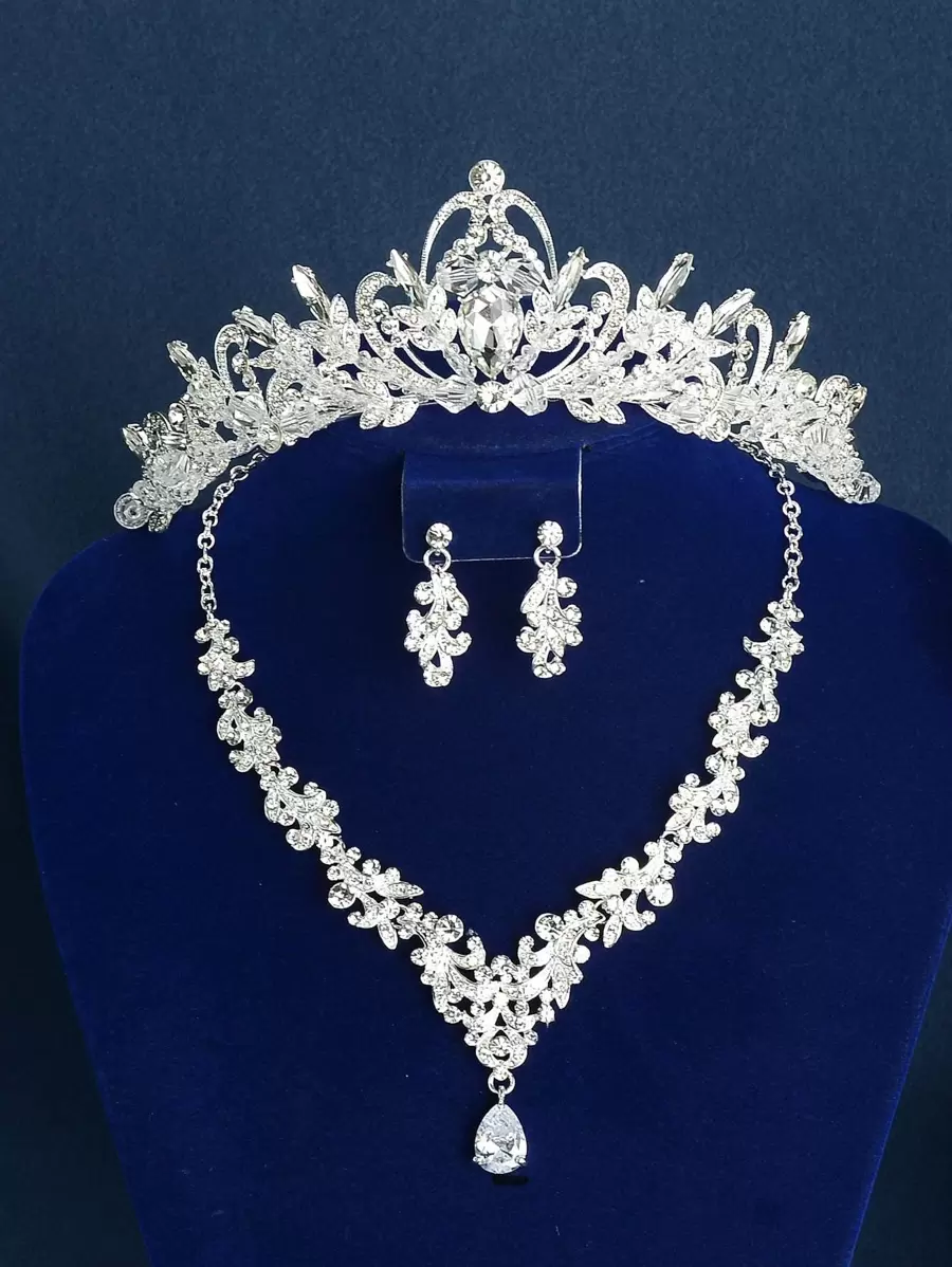 Royal Rhinestone Decor Bridal Headband & 3pcs Jewelry Set Tiaras Valentine's Day Accessories - Silver - View 1