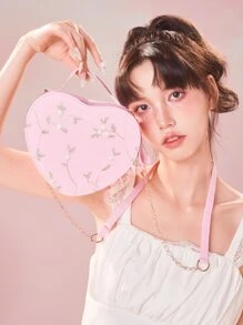 ROMWE Floral Embroidery Heart Design Novelty Bag - Pink - View 1