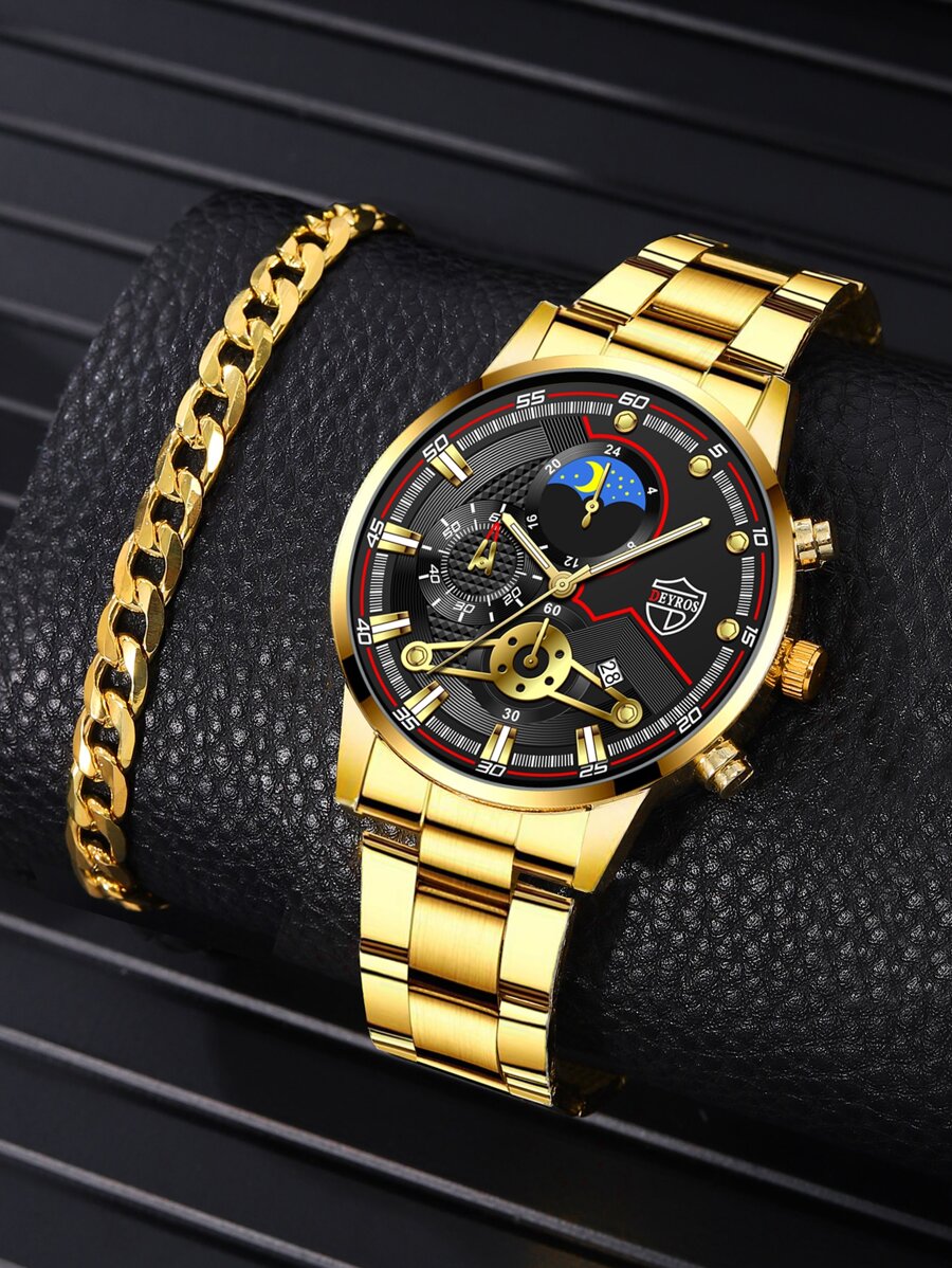 1pc Men Round Pointer Date Quartz Watch & 1pc Bracelet