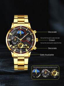 1pc Men Round Pointer Date Quartz Watch & 1pc Bracelet