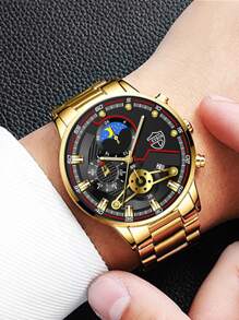 1pc Men Round Pointer Date Quartz Watch & 1pc Bracelet