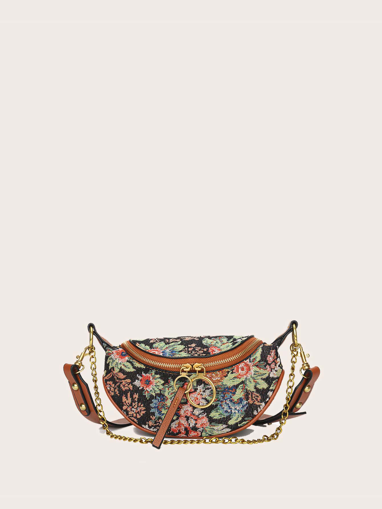 Floral Pattern Chain Decor Saddle Bag - Multicolor - View 1