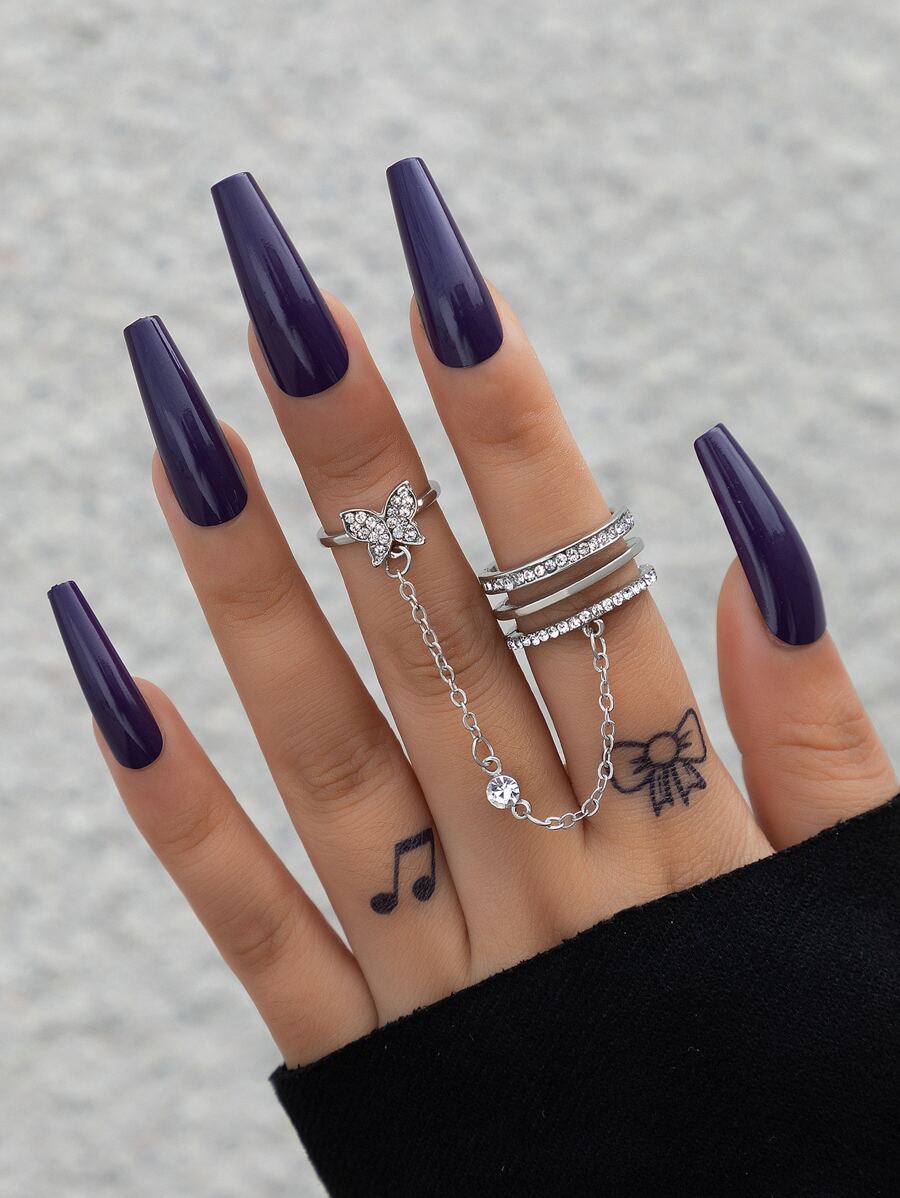 水鑽蝴蝶裝飾連體戒指 - 銀色 - 查看 1