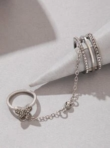 水鑽蝴蝶裝飾連體戒指 - 銀色 - 查看 2