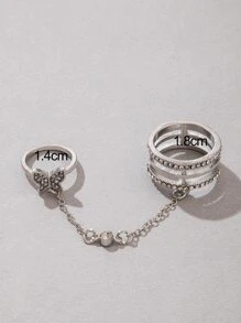 水鑽蝴蝶裝飾連體戒指 - 銀色 - 查看 3