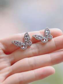 Cubic Zirconia Butterfly Decor Stud Earrings - Silver - View 2