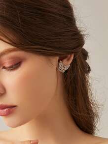 Cubic Zirconia Butterfly Decor Stud Earrings - Silver - View 3