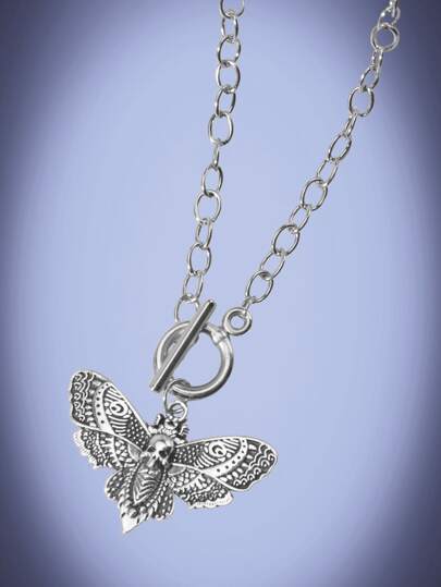 Goth Skull Detail Butterfly Charm OT Buckle Necklace