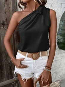 SHEIN Clasi Solid Knot One Shoulder Bodysuit - Black - View 4