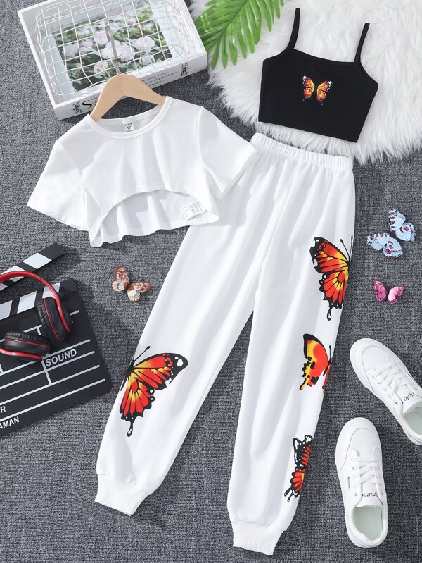 Tween Girl Butterfly Print Cami Top și High Low Trio și pantaloni de trening