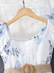 女孩印花打褶泡泡袖繫腰帶連衣裙 - 白色 - 查看 4