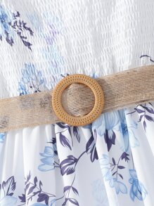 女孩印花打褶泡泡袖繫腰帶連衣裙 - 白色 - 查看 5