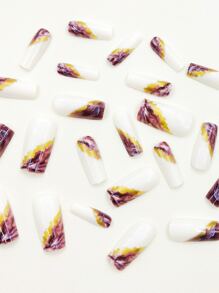 24 件短方形大理石烫金亮片印花假指甲、1 片胶带和 1 个指甲锉，提升您的风格，按压式指甲，美甲用品，美甲 - 彩色 - 查看 5