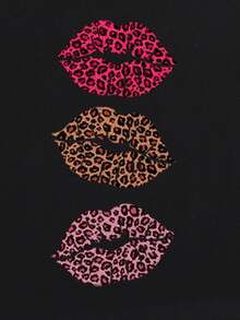 SHEIN LUNE Plus Leopard Lip Print Tee - Black - View 4