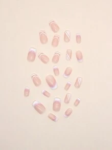 Instantly Upgrade Your Look With 24Pcs Long Square White French Striped Fake Nail & 1Pc Nail File & 1Sheet Tape Press On Nails Nail Supplies Nails - Multicolor - View 3