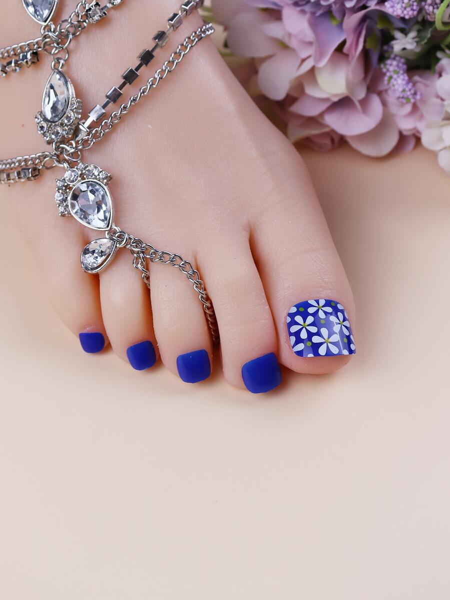 24pcs Short Square Flower Pattern Fake Toenail & 1pc Toenail File & 1sheet Tape - Blue and White - View 1