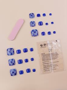 24pcs Short Square Flower Pattern Fake Toenail & 1pc Toenail File & 1sheet Tape - Blue and White - View 2