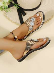 Women Rhinestone & Flower Decor Toe Post Flip-Flops Glamorous Outdoor Flip Flops - Champagne - View 1