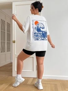 SHEIN EZwear Áo thun hở vai họa tiết sóng và khẩu hiệu Plus mùa hè, HÒA NHẬP VỚI THỜI ĐẠI MỘT CÁCH BÌNH TĨNH VÀ HÀI HƯỚC - trắng - Xem 2