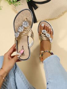 Women Rhinestone & Flower Decor Toe Post Flip-Flops Glamorous Outdoor Flip Flops - Champagne - View 2