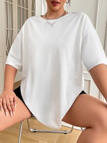 SHEIN EZwear Áo thun hở vai họa tiết sóng và khẩu hiệu Plus mùa hè, HÒA NHẬP VỚI THỜI ĐẠI MỘT CÁCH BÌNH TĨNH VÀ HÀI HƯỚC - trắng - Xem 3