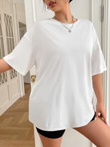 SHEIN EZwear Áo thun hở vai họa tiết sóng và khẩu hiệu Plus mùa hè, HÒA NHẬP VỚI THỜI ĐẠI MỘT CÁCH BÌNH TĨNH VÀ HÀI HƯỚC - trắng - Xem 4