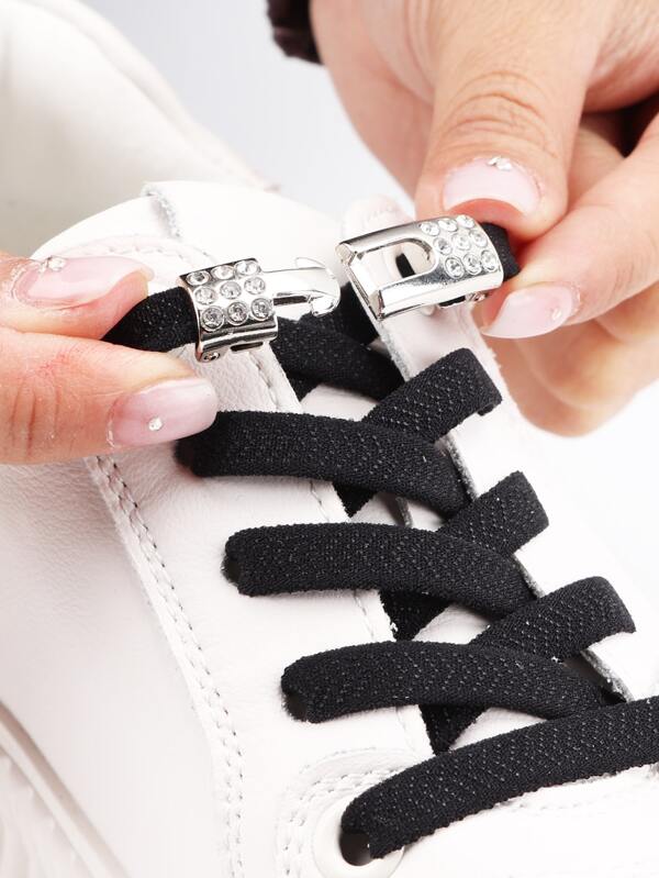 1pair Rhinestone Decor No-tie Shoelaces With Buckle, Polyester Fashionable Accessories For Sneakers