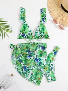 Allover Floral Print Ruffle Trim Summer Beach Bikini Set With Beach Skirt - Multicolor - View 8