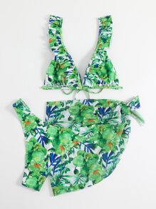 Allover Floral Print Ruffle Trim Summer Beach Bikini Set With Beach Skirt - Multicolor - View 5